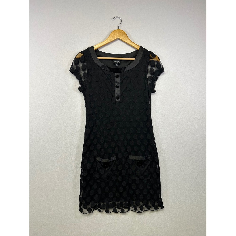 Mod Retro En Focus Studio Womens 6 Black Polka Dot‎ Mesh Shift Dress Cap Sleeve